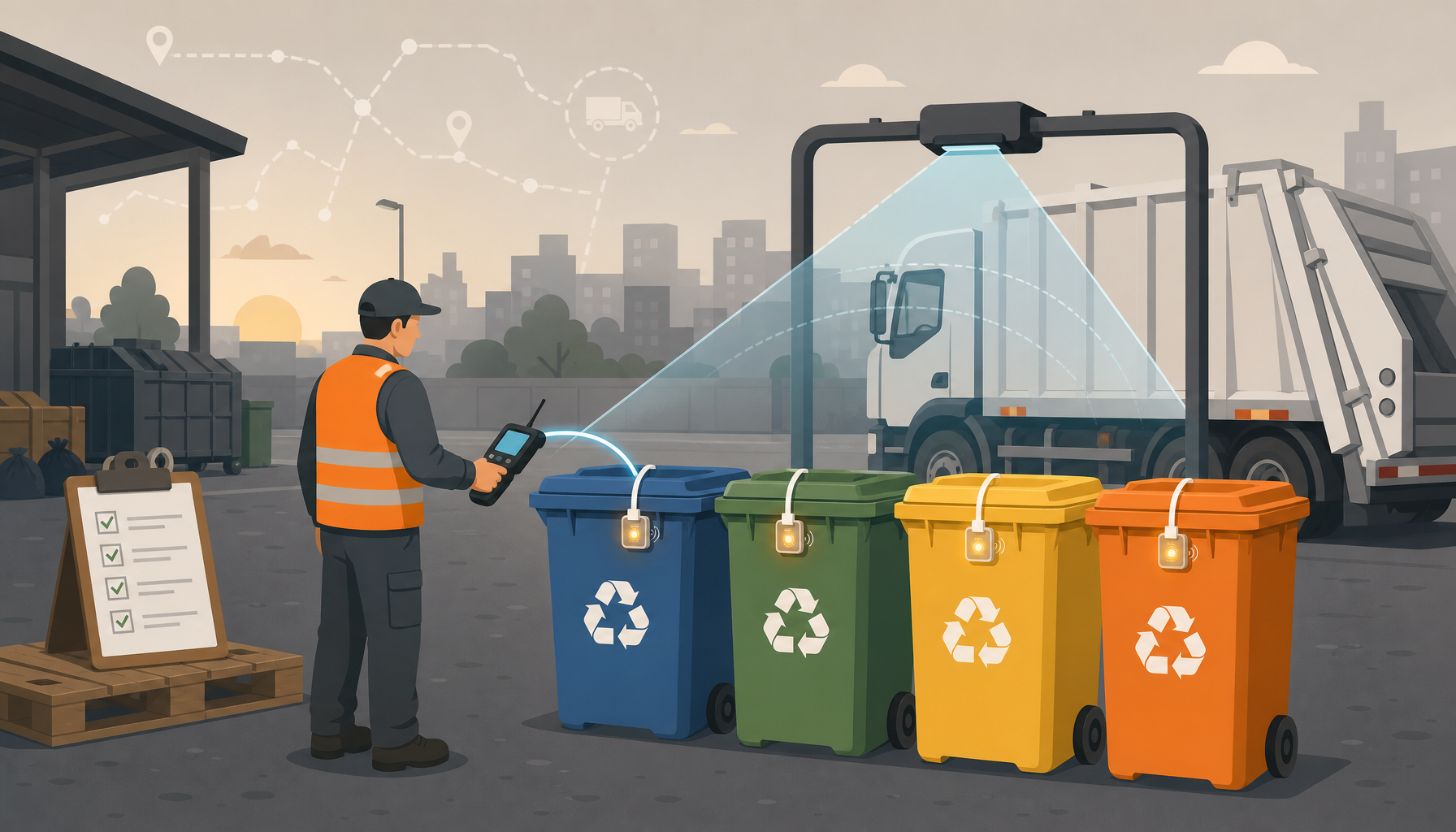 UHF RFID cable tie tag attached to recycling bin for municipal waste container tracking and management