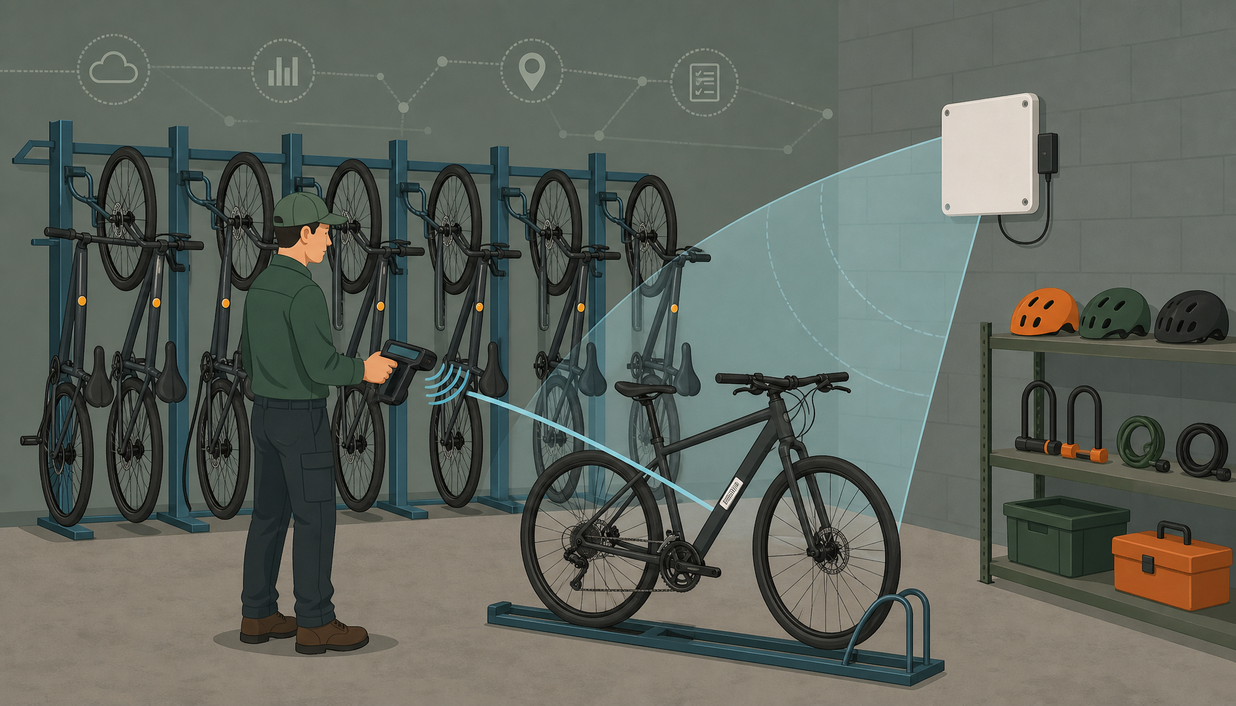 Long range UHF RFID sticker tag on bicycle frame for bike fleet inventory management and tracking systems