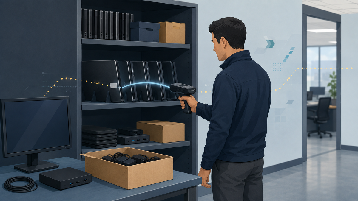 IT technician using a handheld UHF RFID reader to audit tagged laptops in office storage