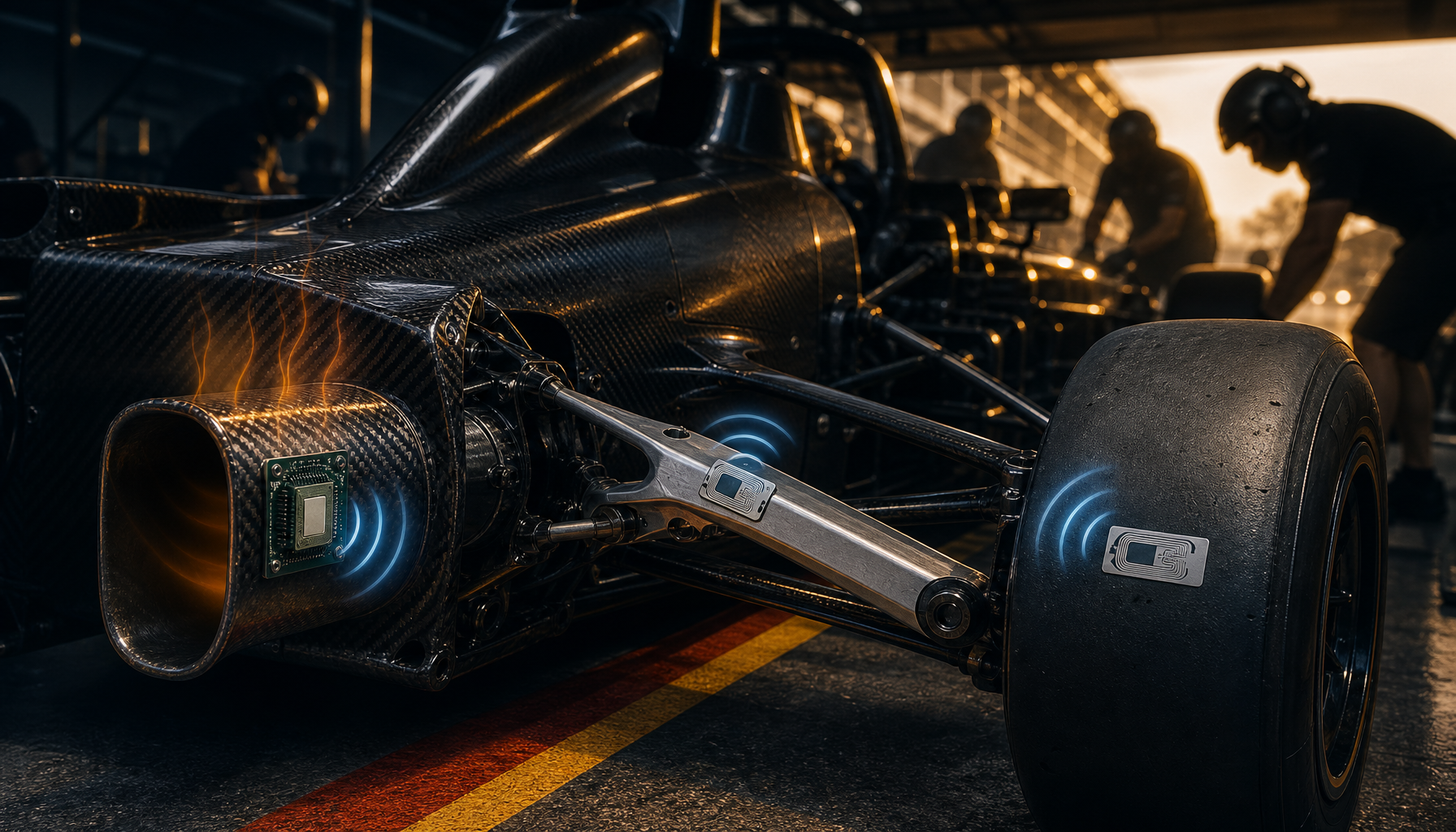 UHF RFID tags mounted on carbon fiber car parts, brake ducts and tire sidewalls for race car component tracking in motorsport