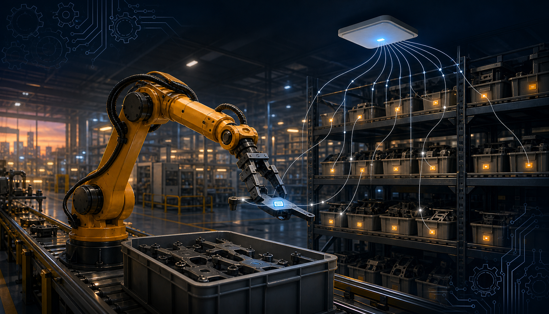 RFID tags tracking robotic arms and drone components on a factory automation production line for warehouse inventory management