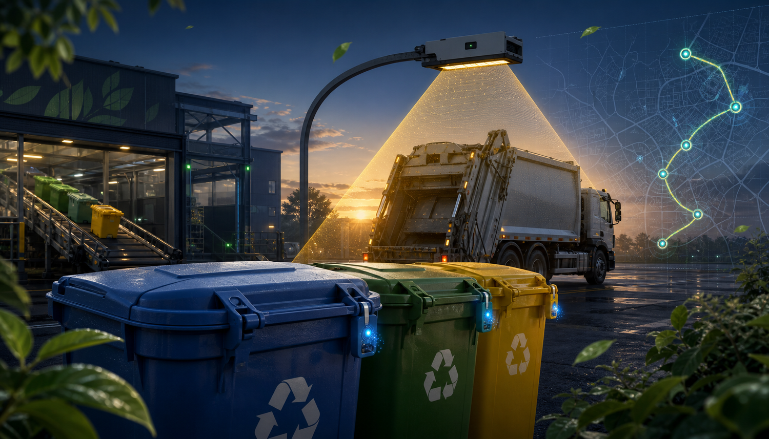 UHF RFID cable tie tags on recycling bins and waste containers tracked by collection trucks for municipal waste management systems