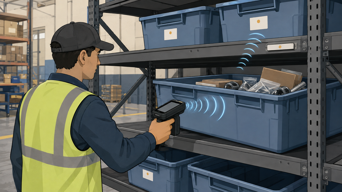 Worker using UHF RFID to track inventory in plastic totes stored on metal warehouse racks