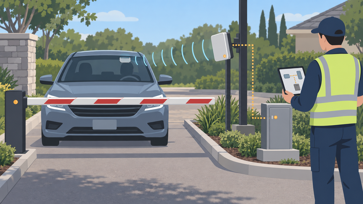 Technician checking a UHF RFID windshield tag at a residential vehicle gate