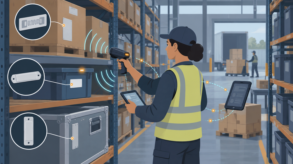 Warehouse worker comparing UHF RFID tags for cartons, totes, and metal inventory