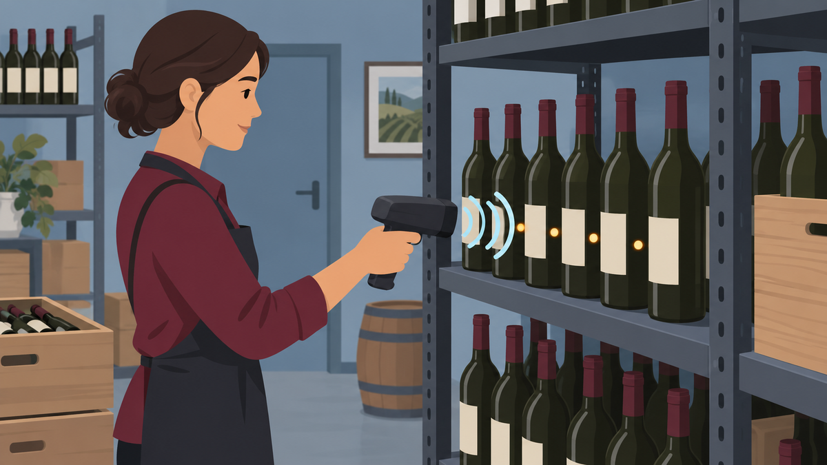 Illustration of a worker using a handheld RFID reader to check labeled wine bottles on stockroom shelves.