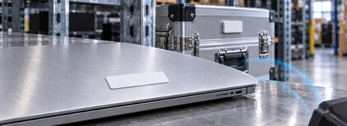Handheld UHF reader scanning white asset tags on metal shelving, equipment cases and a laptop.