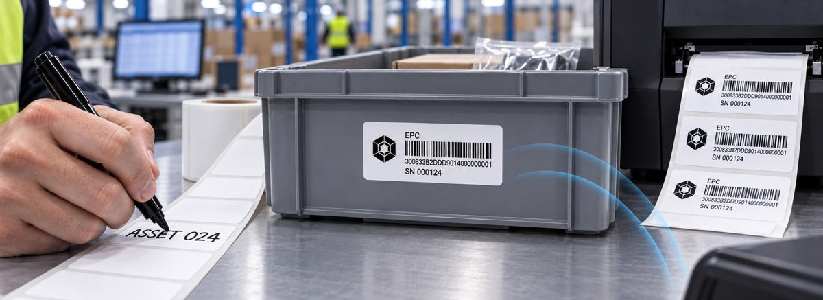 Worker marking a UHF label by hand beside a handheld reader and a printer producing labels with barcodes, EPC and serial numbers.