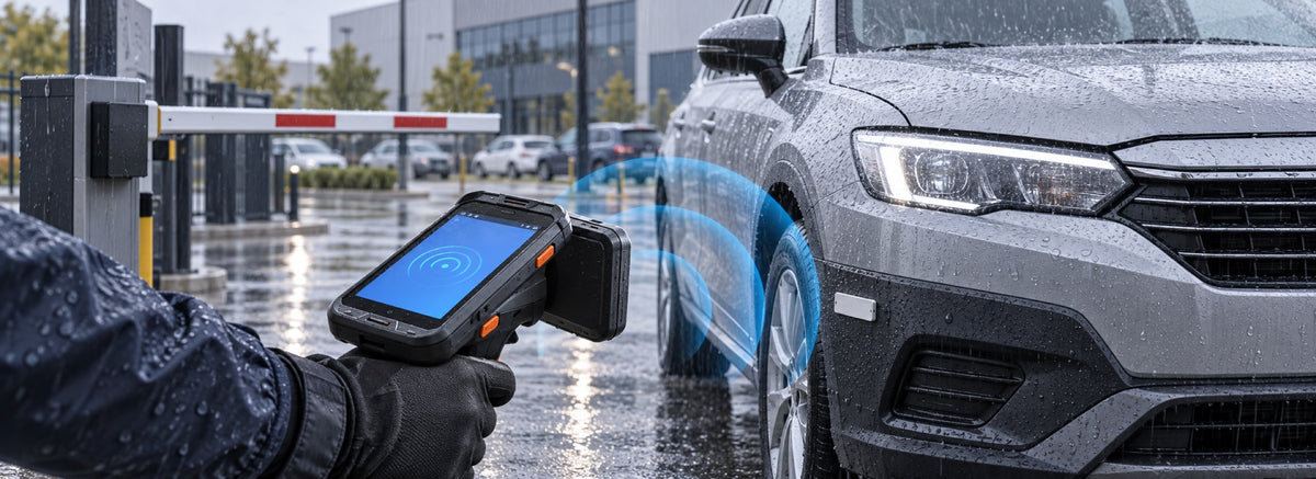 Worker using a handheld UHF reader to identify a tagged car at an outdoor parking entrance in rain.