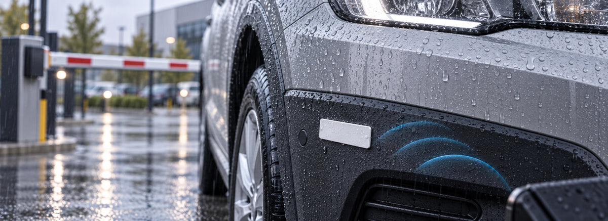 Waterproof UHF label on a rain-covered car bumper, with a cropped reader corner and scanning arcs.