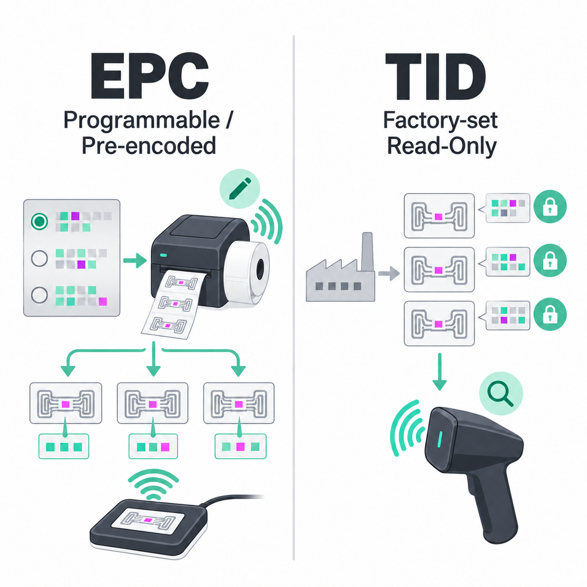 Programmable or pre-encoded EPC data compared with factory-set, read-only TID on UHF RFID labels.