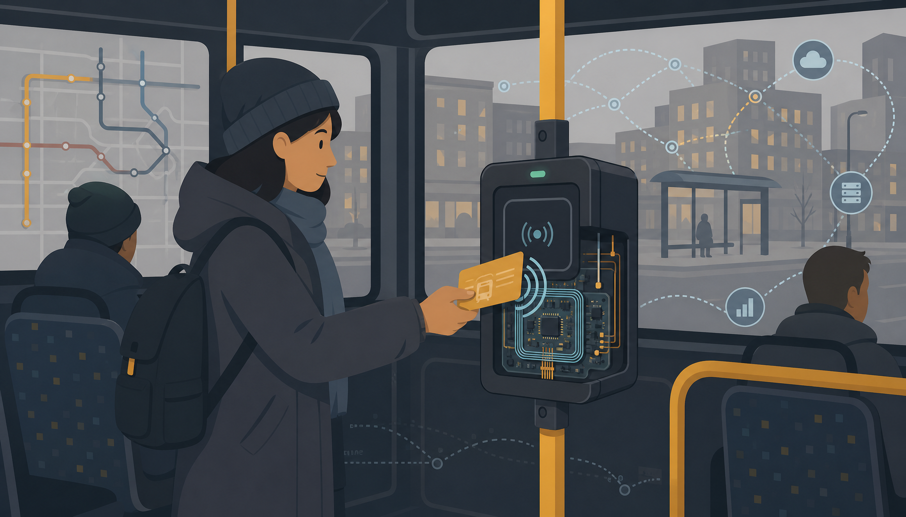 Custom RFID module circuit board integrated into transit fare collection box for public transportation payment systems in Canada