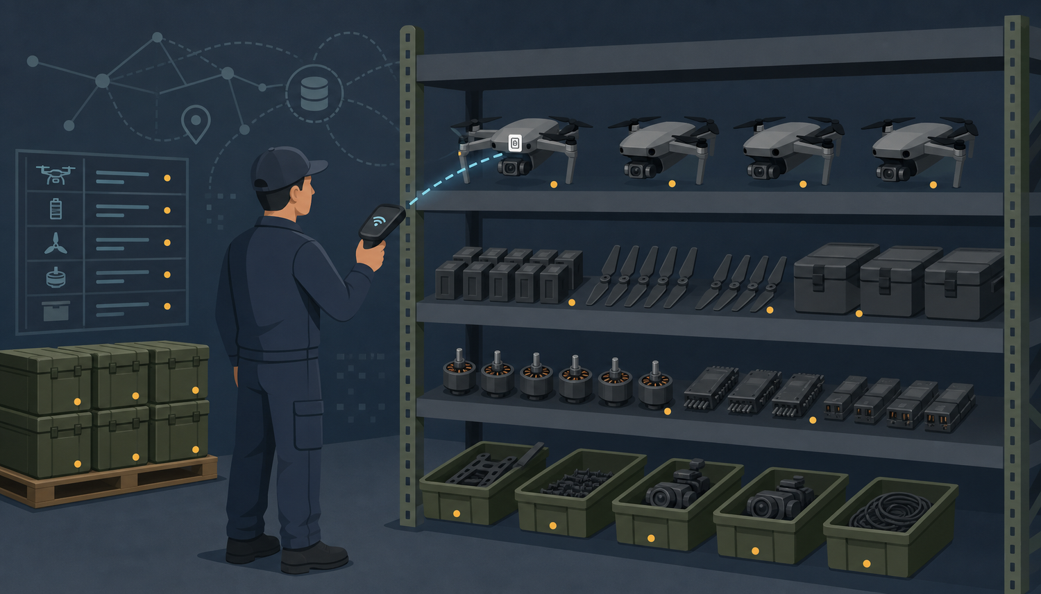 Warehouse worker scanning drone inventory with handheld UHF RFID reader tracking quadcopter components on warehouse shelf racks