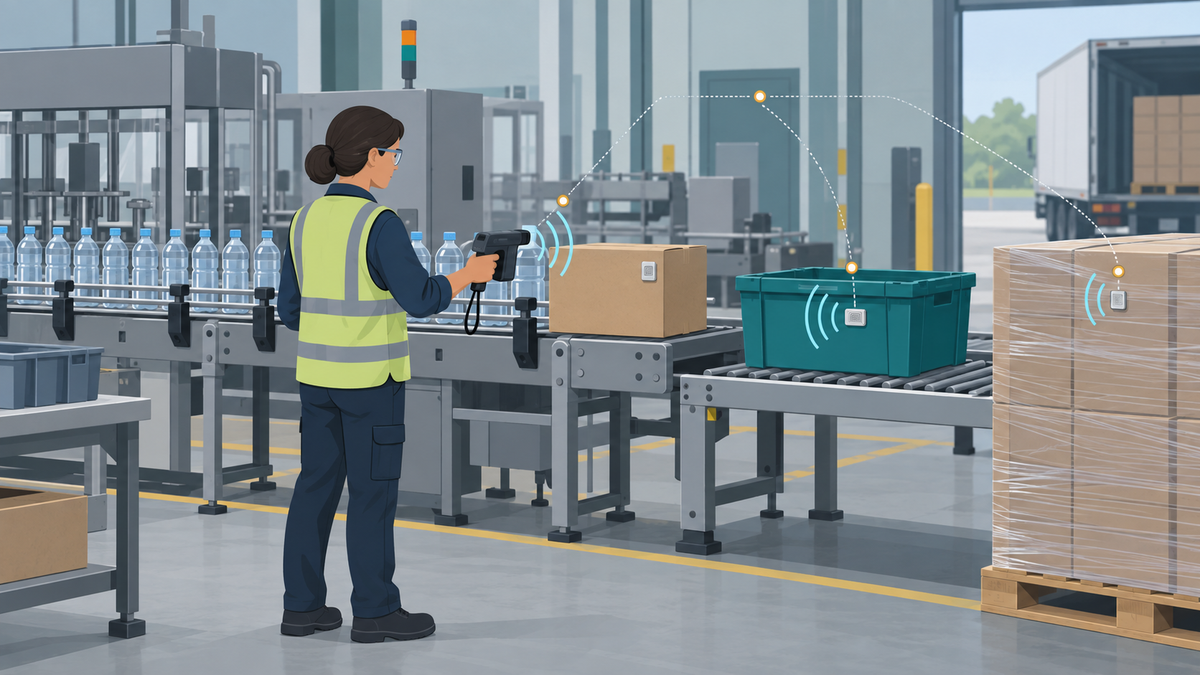Packaging engineer checking UHF RFID tags on bottles, cases, and a pallet at a bottling line