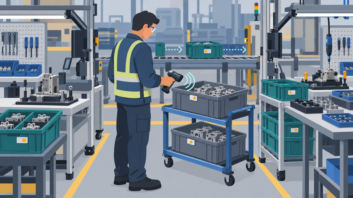 Production engineer tracking work-in-process items and reusable containers with UHF RFID