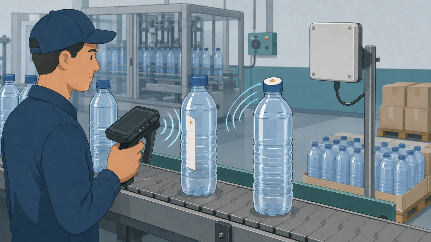 Technician comparing UHF RFID body labels and small round cap tags on filled PET bottles