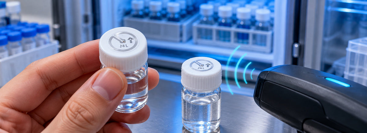 Small round J41 UHF tags on plastic vial caps beside a handheld reader in a refrigerated laboratory workspace.