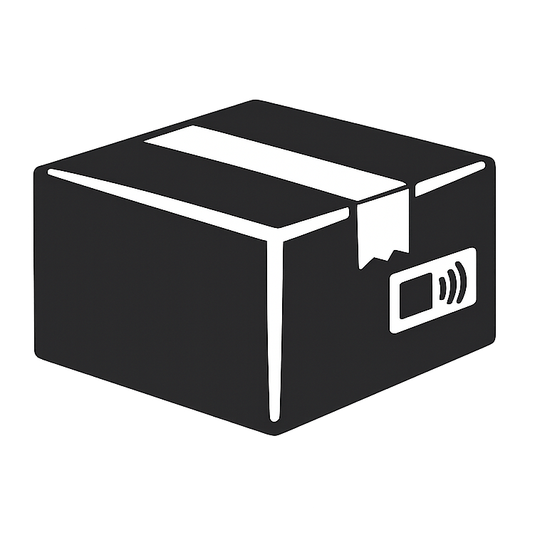 Black box with a barcode on a white background with uhf rfid tag for asset racking