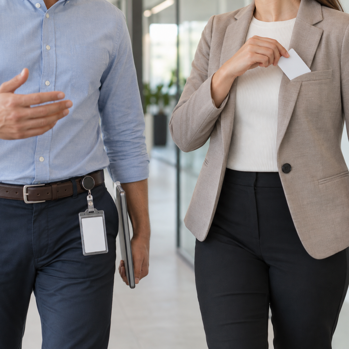 Office workers carrying access cards in a clipped badge holder and a blazer pocket.