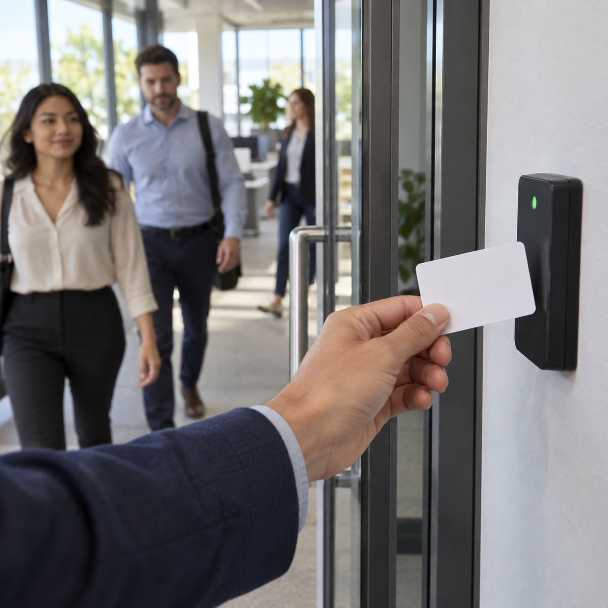 Employee presenting a white access card to an office door reader as colleagues arrive.