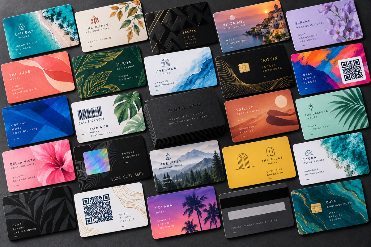 Illustrative collection of colorful CR80 custom cards with QR codes, barcodes, chips, magnetic stripes, foil, holographic and black-edge finishes.